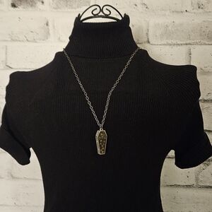 Gothic Coffin Skull Pendant Necklace Black Silver Tone Alt Emo